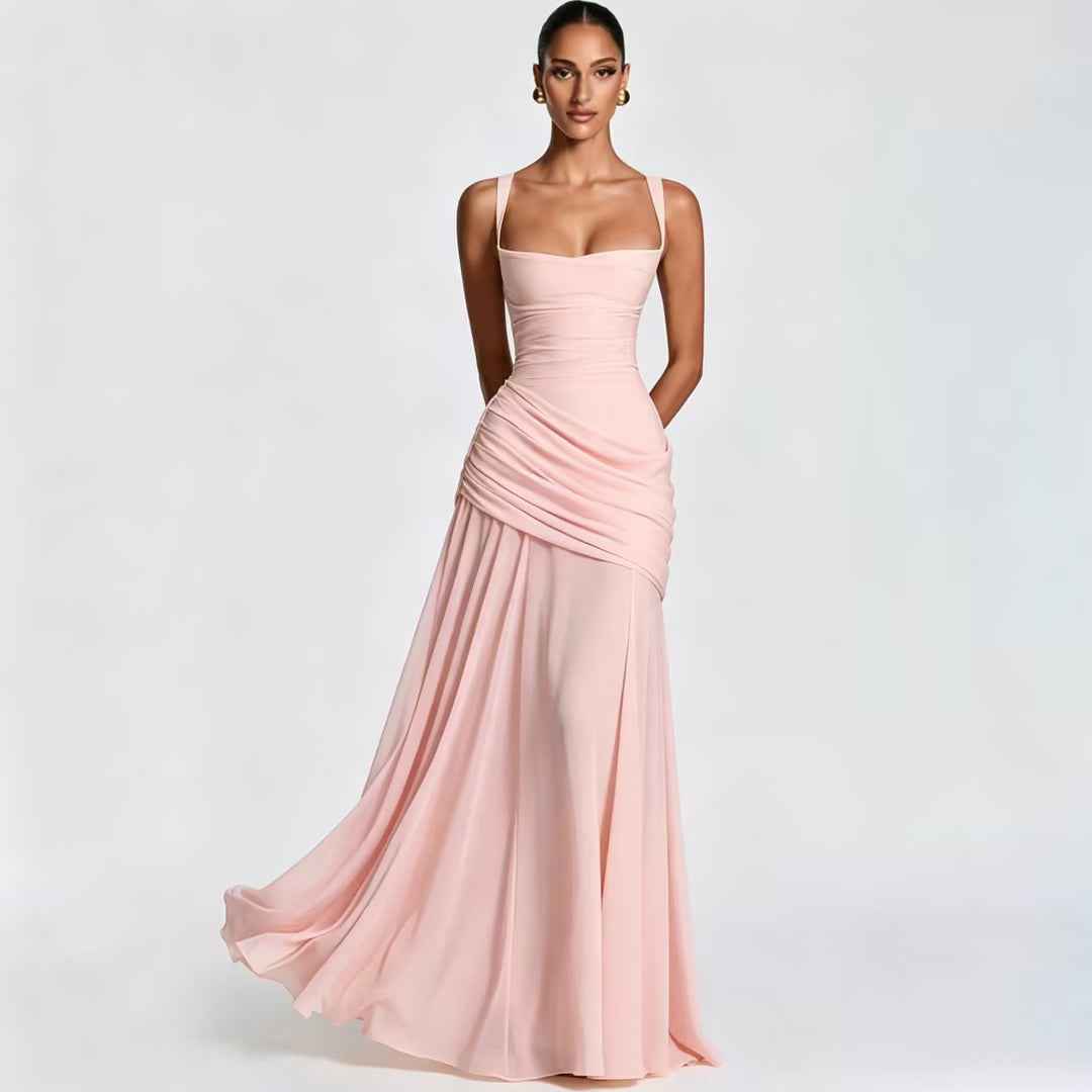 Square Neck Ruched Waist Sleeveless Maxi Evening Dress