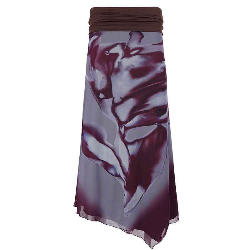 European And American Retro-style Color-block Printed Asymmetrical Skirt