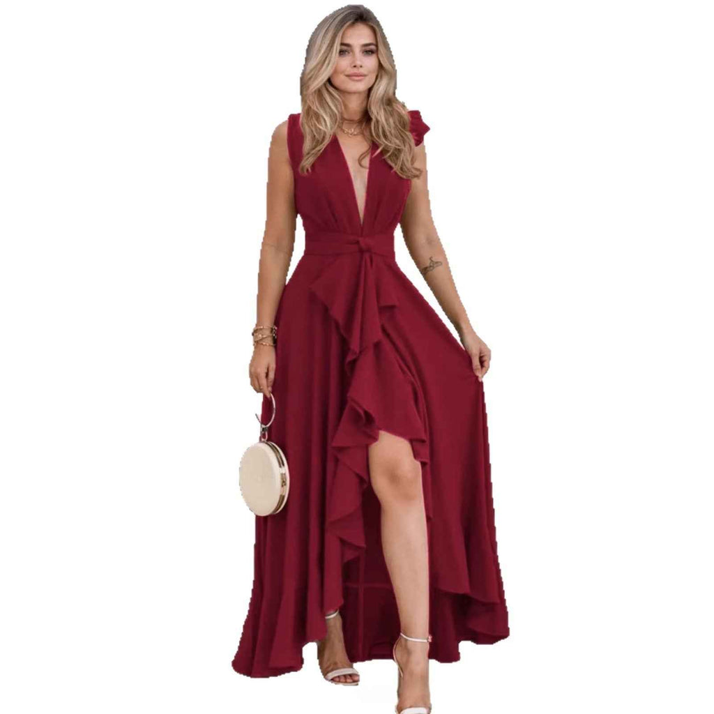 Sleeveless V-Neck Ruffle-Trim Princess Maxi Dress