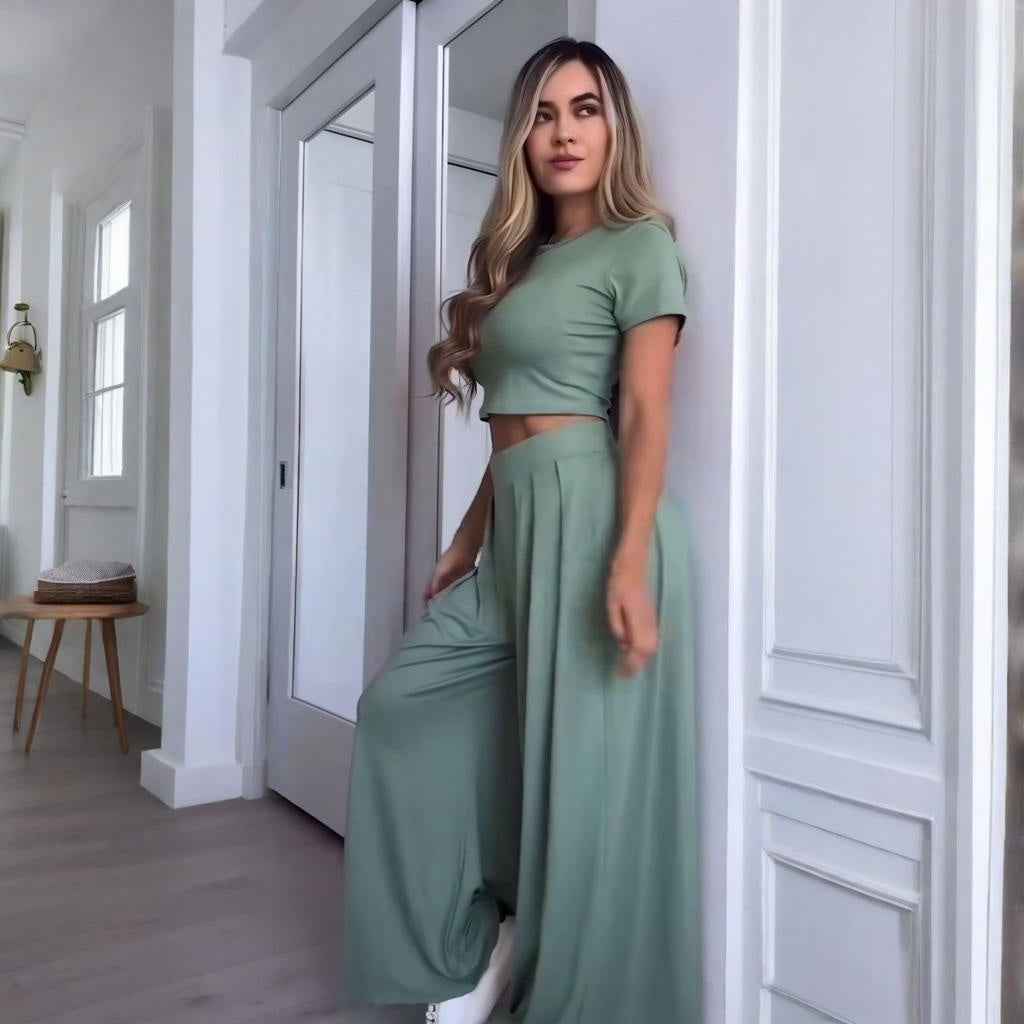 Women's Crew-Neck 3/4 Sleeve Top & Wide-Leg Pants Co-Ord Set — 4 Colours