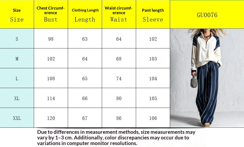Women's Striped Color-Block Sweatshirt and Wide-Leg Pants Set - Size Chart