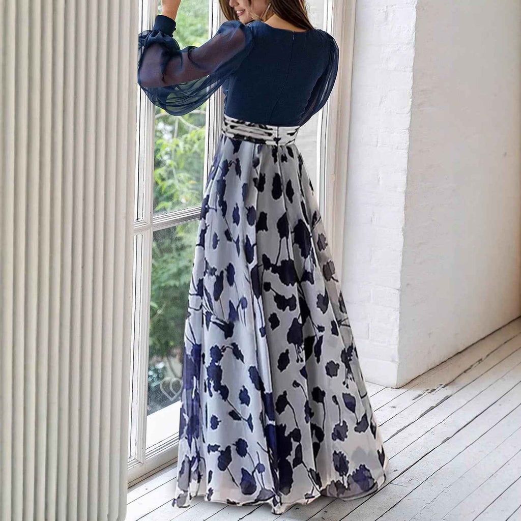 Women's Floral Print Puff Sleeve A-Line Midi Dress — High Waist & Flared