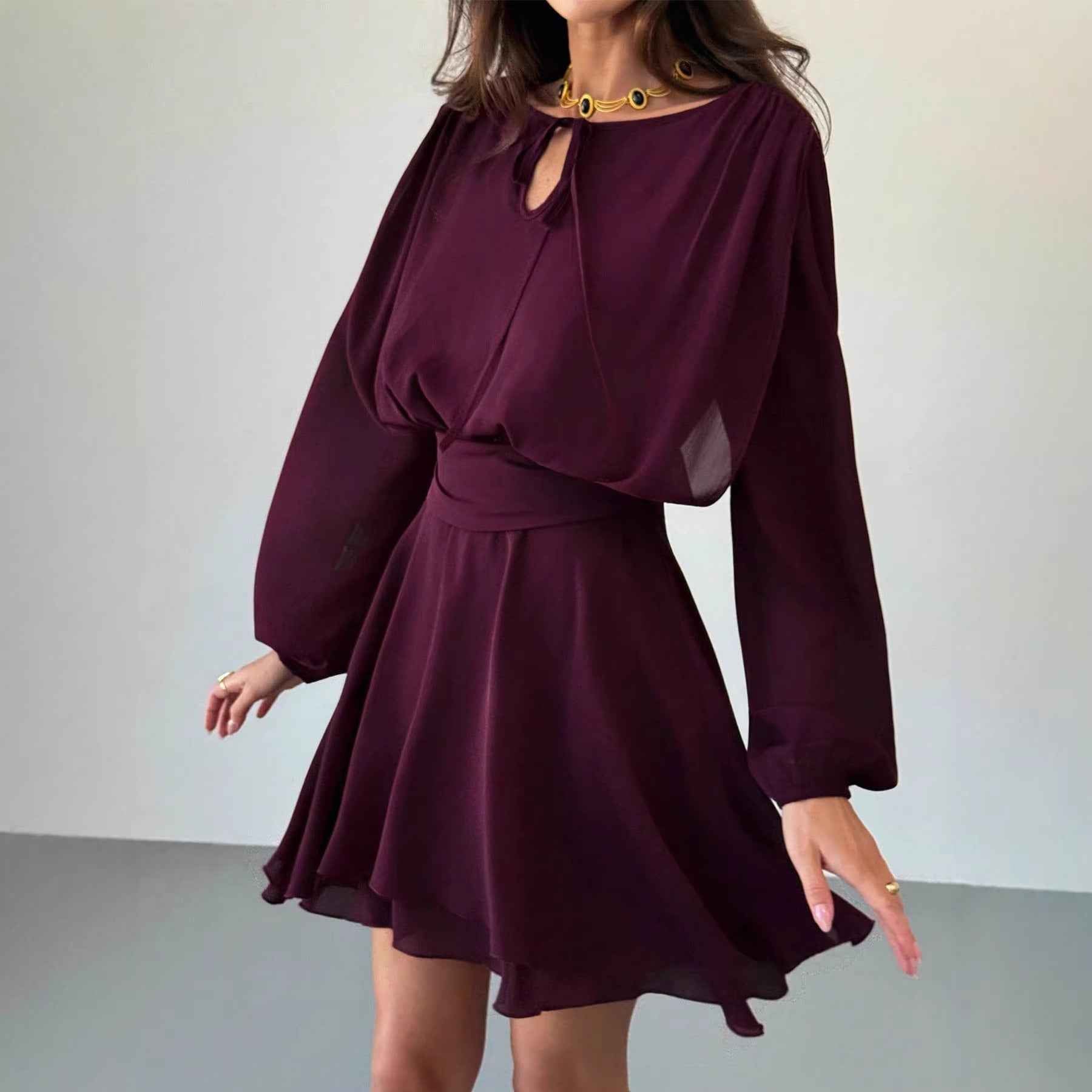 Long Sleeve Lace-Up High-Waist A-Line Dress