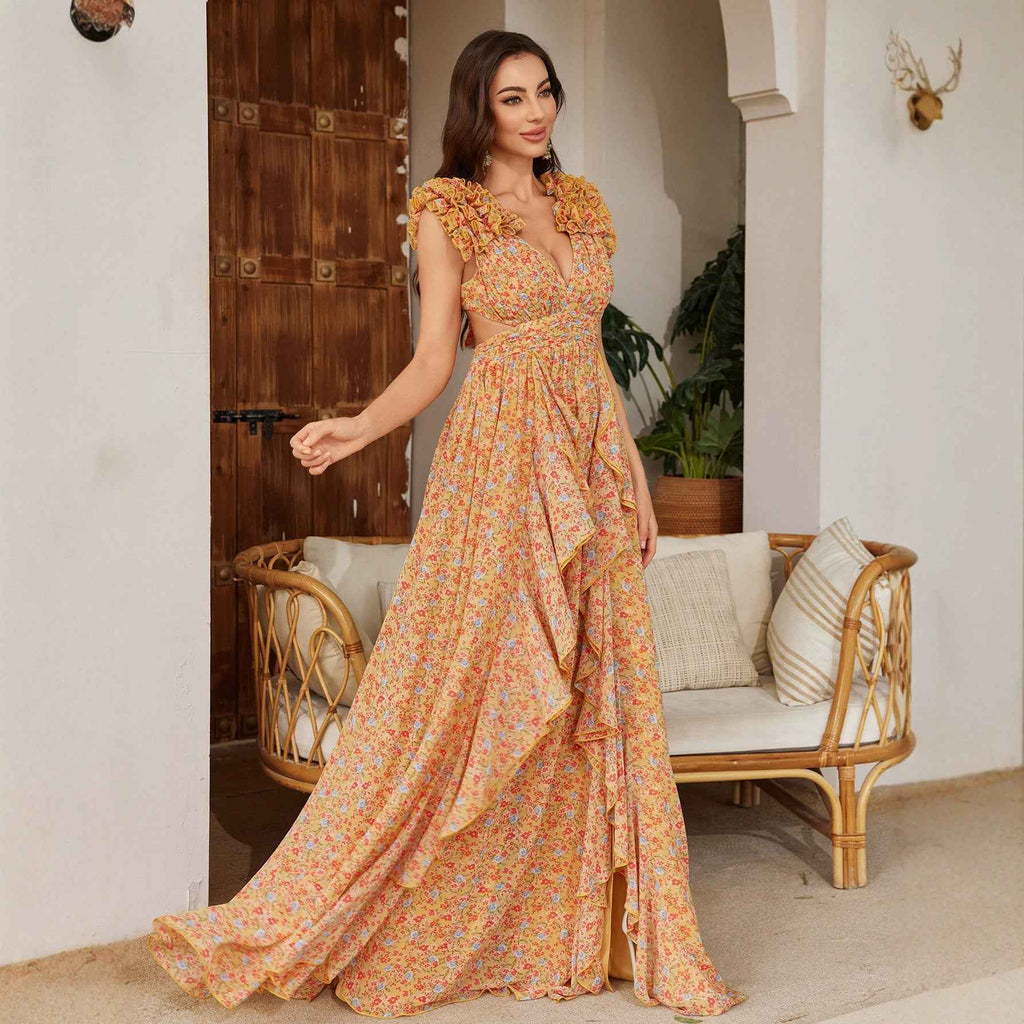 Womens Floral Printed Asymmetrical Slit Chiffon Lace Elegant Dress
