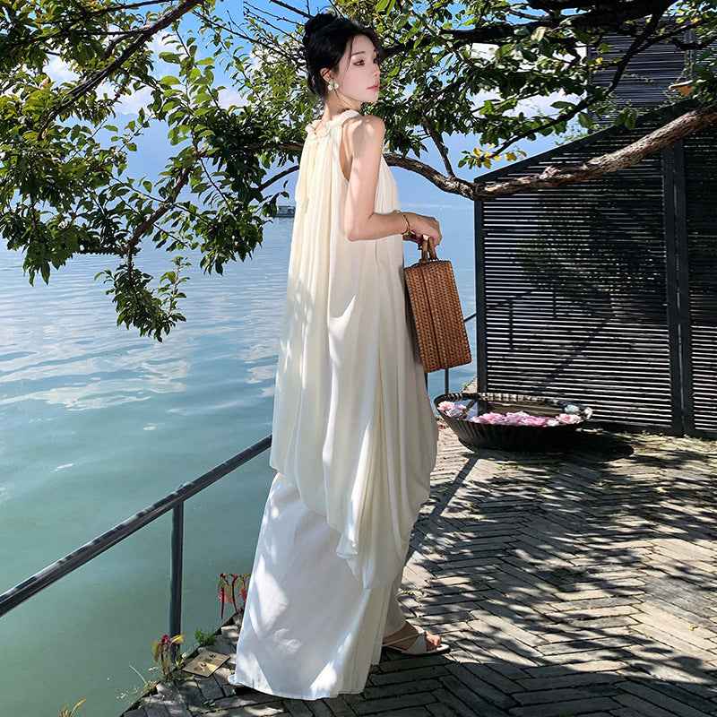 Women's White Satin Halter Maxi Dress — Asymmetric & Slit Back