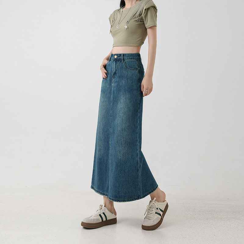 Women's High-Waisted A-Line Denim Midi Skirt
