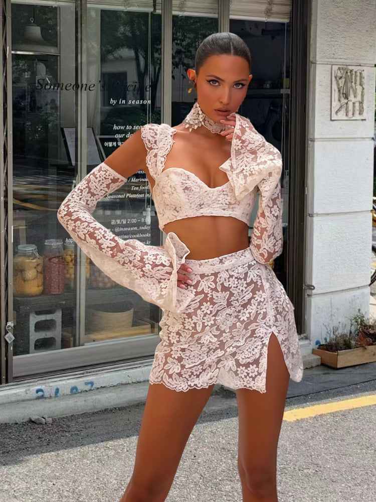 Sexy Sheer Flared-sleeve Top And Skirt Set