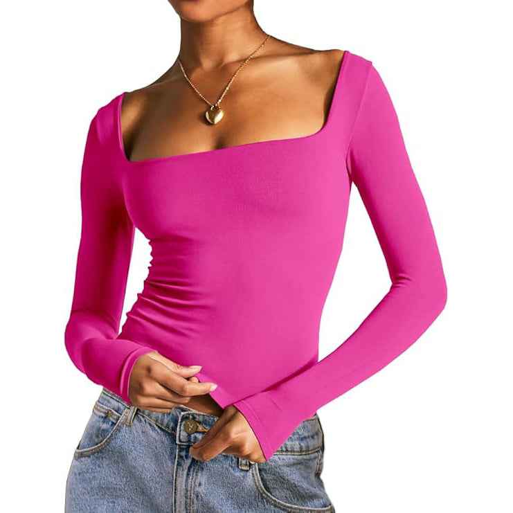 Square Neck Milk Silk Long Sleeve Top – Slim Fit Crop