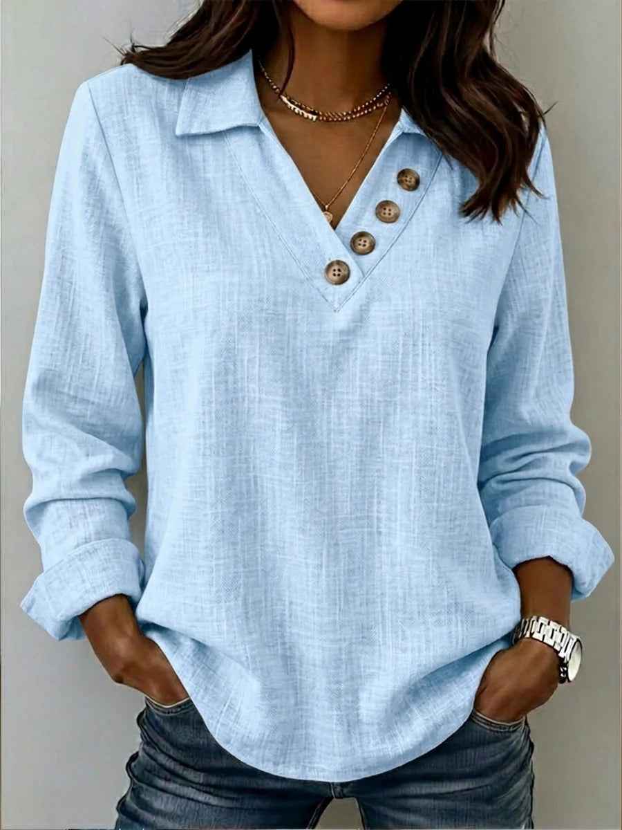 Versatile V-neck Button-up Retro Long-sleeve T-shirt