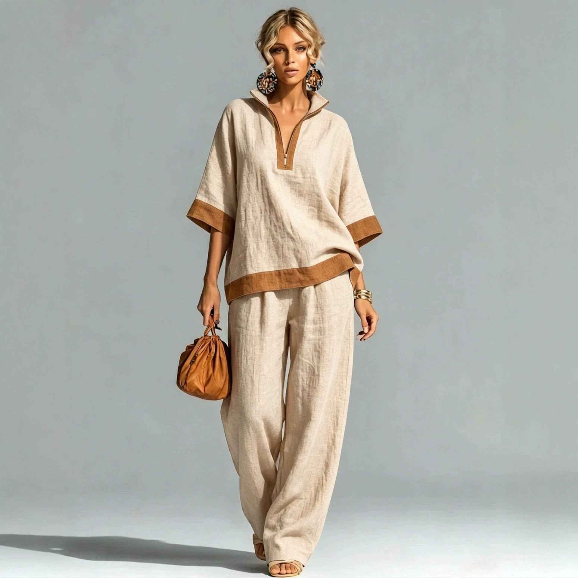 Colour-Block Half-Zip Linen-Cotton Shirt & Wide-Leg Pants – Women’s Casual Set
