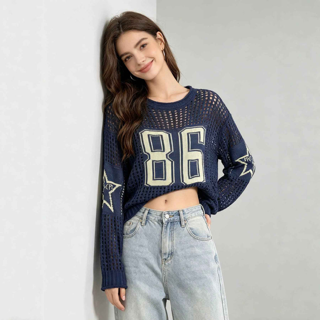 Vintage Relaxed-fit Drop-shoulder Long-sleeve Pullover With A Five-pointed Star Design