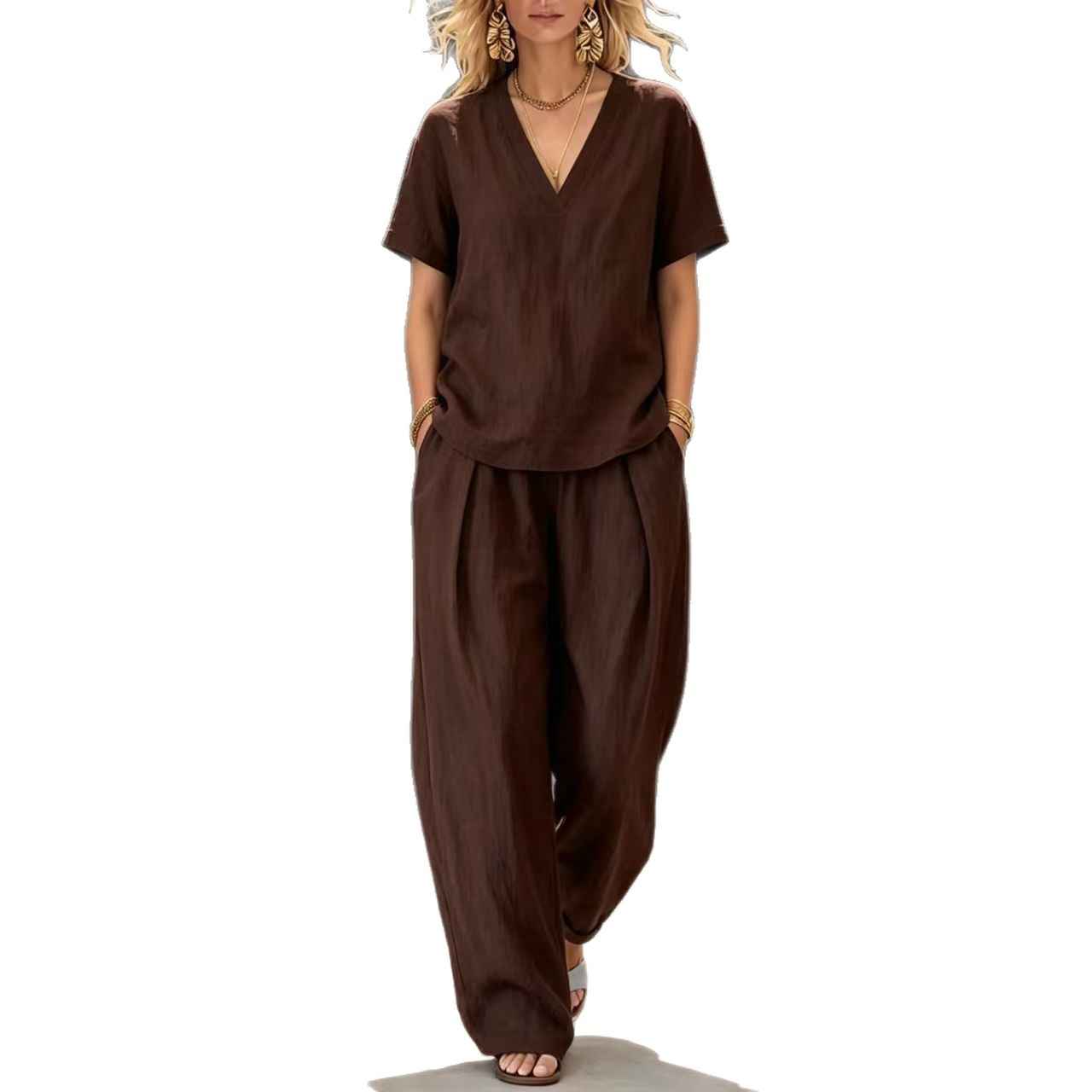 Fashionable Commuter V-Neck Solid-Color Set