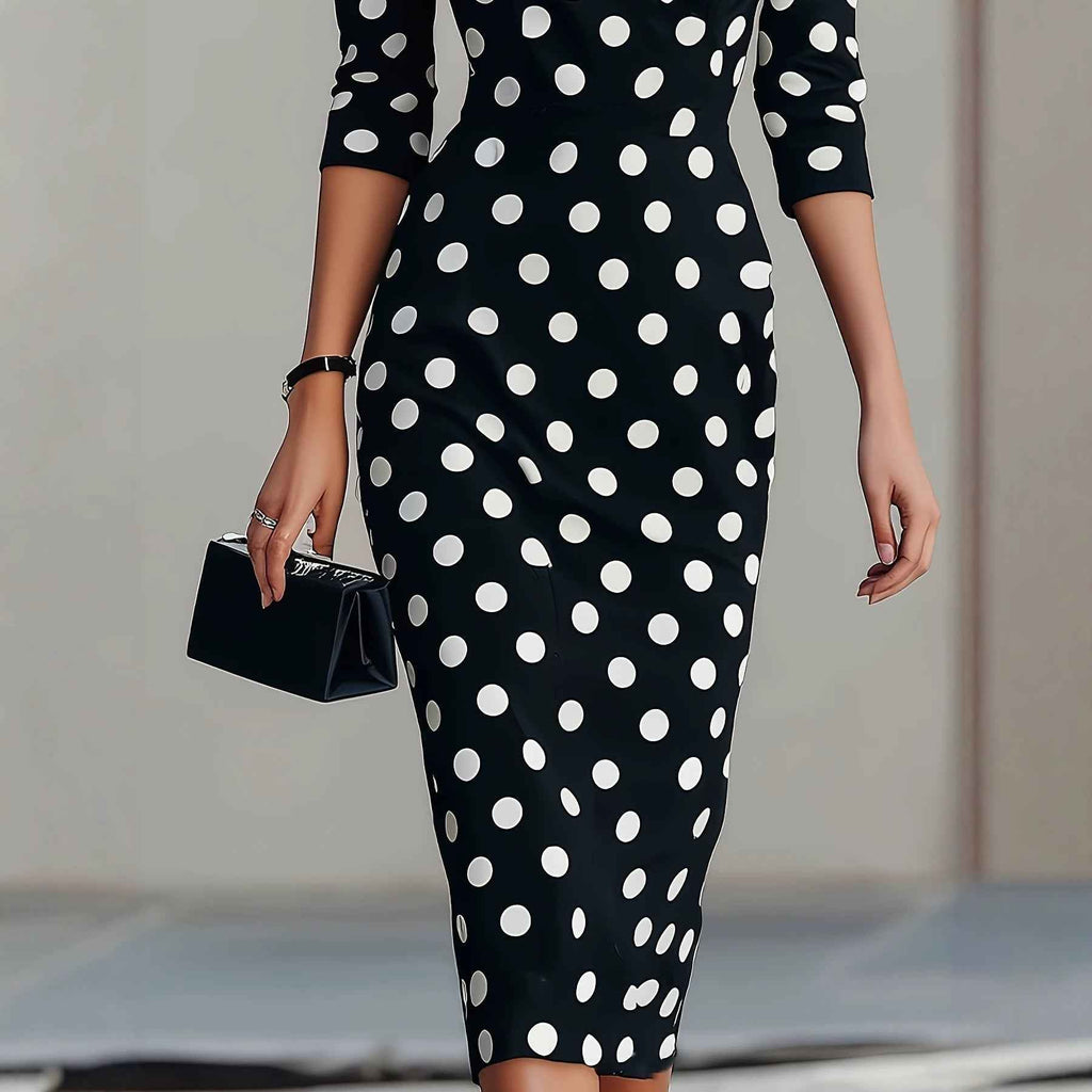 Women's Polka Dot Long-Sleeve Slim Midi Dress — Black, S–2XL