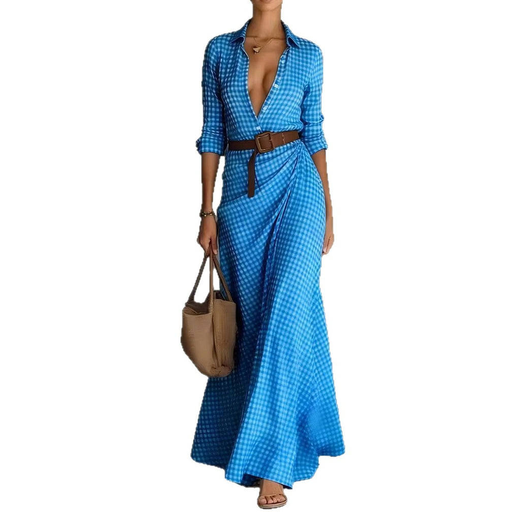 Slim-Fit Pleated Midi Dress with Belt — Plaid & Solid