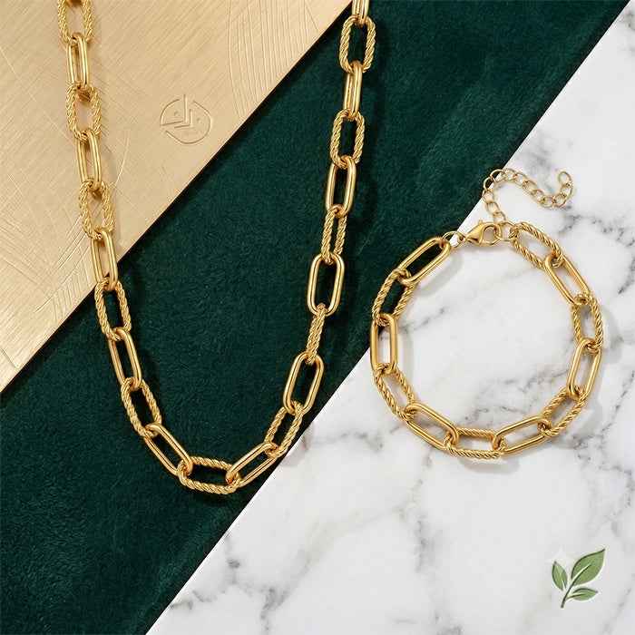 2Pcs Chunky Paperclip Chain Jewelry Set For Women, 18K Gold Plated Stainless Steel Thick Twist Rope Link Necklace Bracelet Combo, Statement Gift Set
