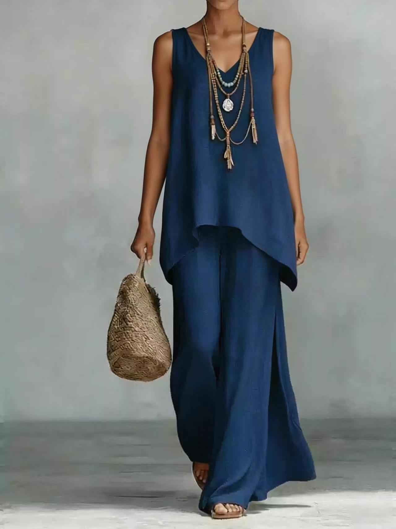 Bohemian V-Neck Vest & Wide-Leg Pants Set