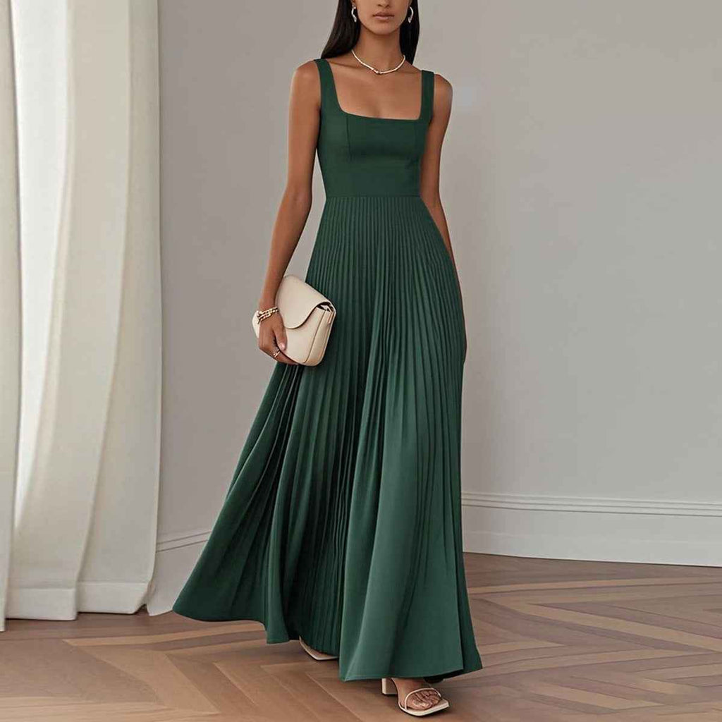 Elegant Pleated Midi Dress – A-Line Sleeveless Patchwork