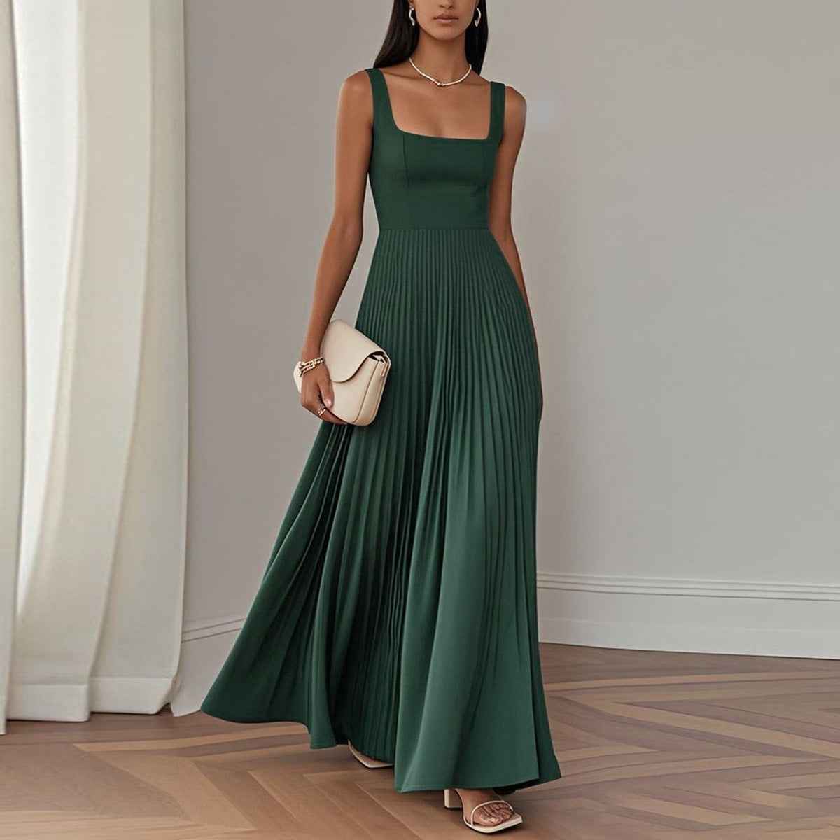 Elegant Pleated Midi Dress – A-Line Sleeveless Patchwork