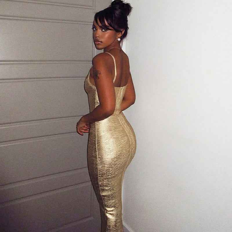 Women's Gold Sleeveless Strap Dress — Slim Fit & High Waist