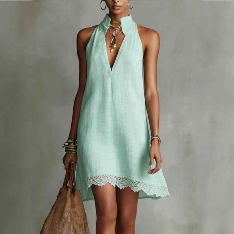 Deep V-neck Pleated Solid-color Casual Dress