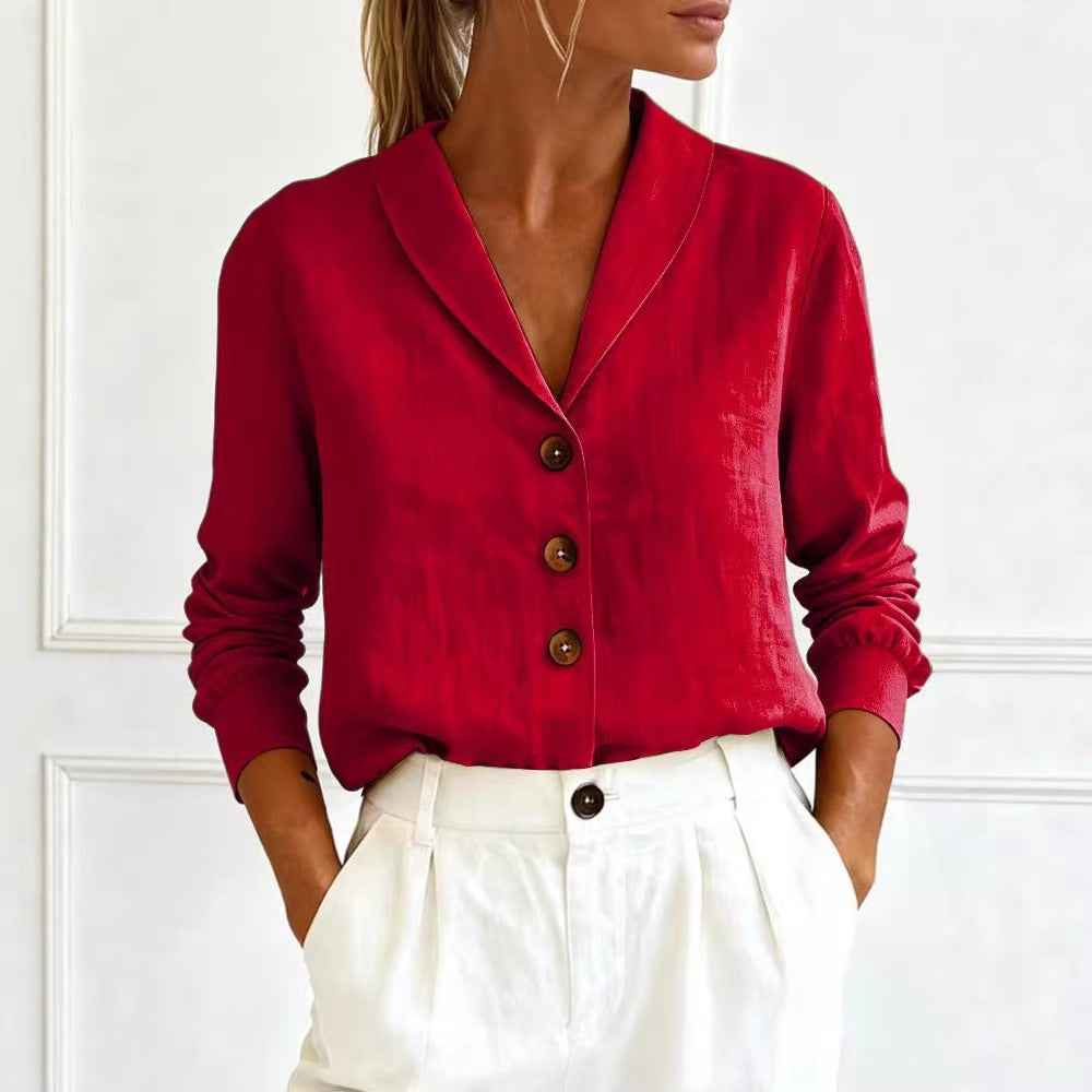Solid Colour Cotton Long-Sleeve Collar Button-Up Shirt