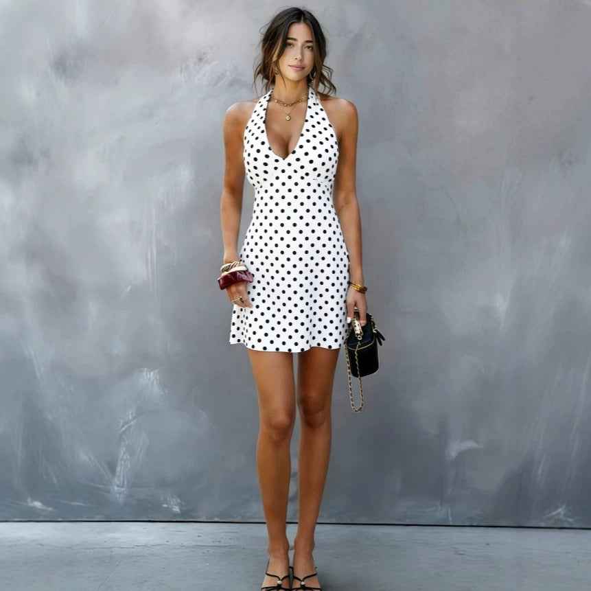 European And American-style Sexy Halter-neck Tube Top Deep-V-neck Polka-dot Dress