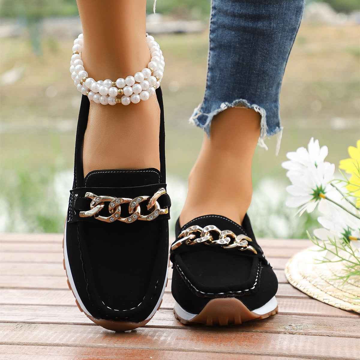 Metal-Accent Slip-On Loafers with Platform Sole