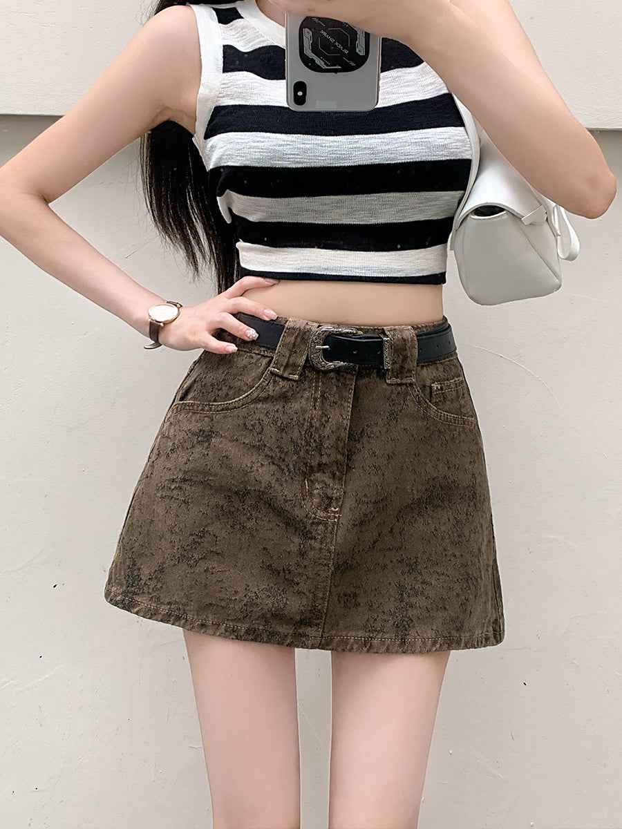 High-Waisted Tie-Dye Denim Skort with Belt – A-Line Mini with Built-in Shorts