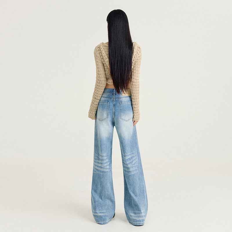 Womens Light-blue Washed Wide-leg Jeans