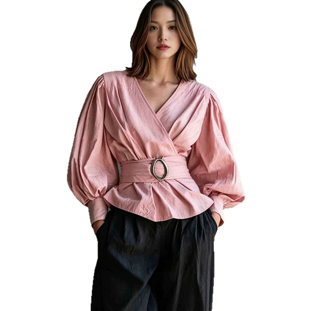 Womens V-neck Blouse With Ruffled Cuffs And Puff Sleeves