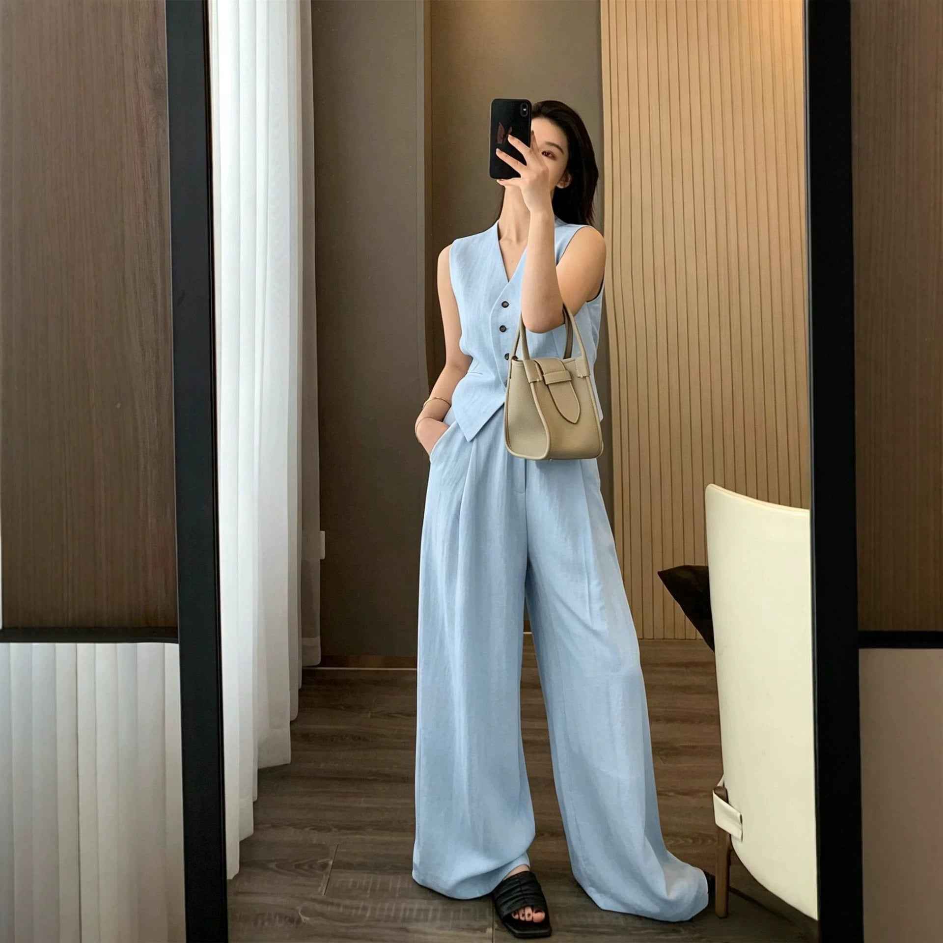 Linen Tencel Vest And Wide-leg Long Pants Two Pieces Set