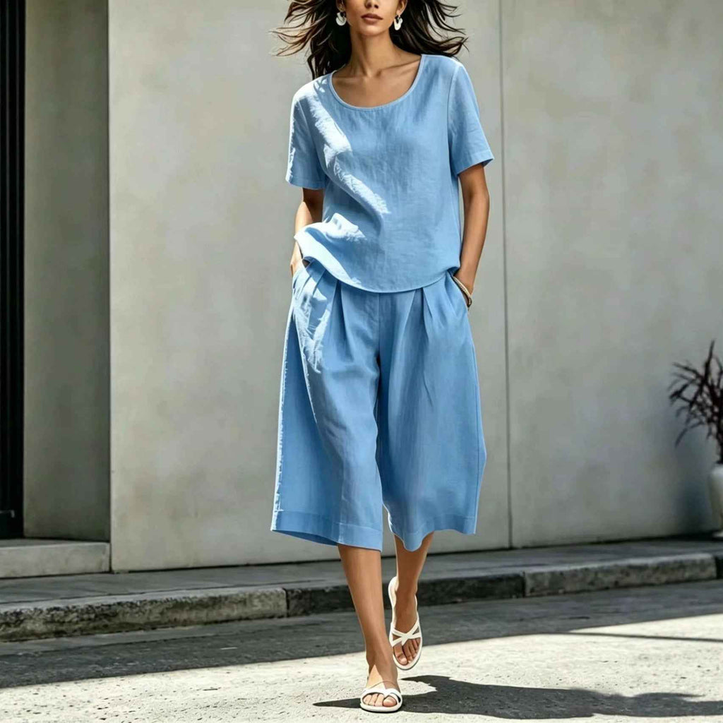 Cotton-linen Casual Loose-fitting Short-sleeve Top And Shorts Set