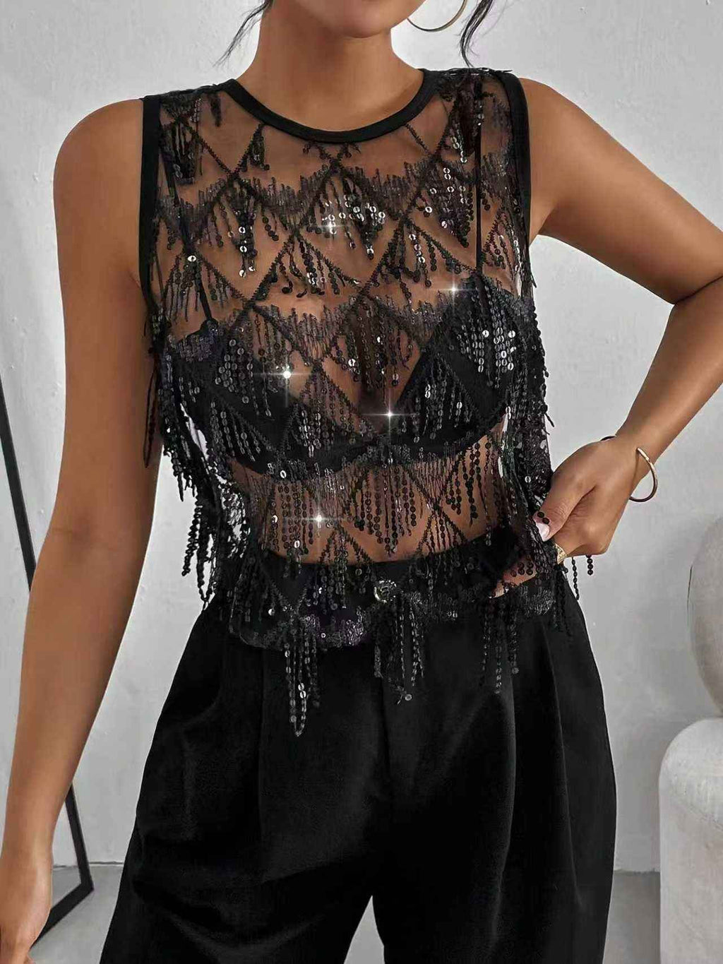 Women's Off-Shoulder Sequin Tassel Tank Top – Party & Stage, Black & Champagne