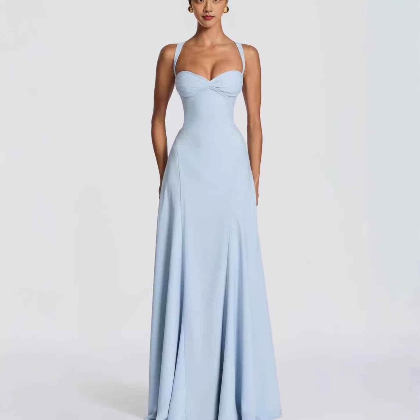 Wide-Strap Knotted Waistline Long Dress