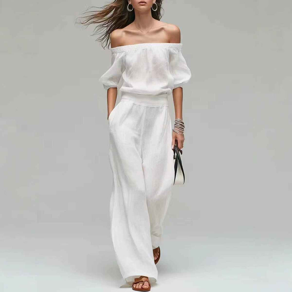 Cinched-top Blouse And Linen-textured Wide-leg Pants Set