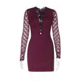 Off-Shoulder Deep V-Neck Lace Long-Sleeve High-Waist Bodycon Dress