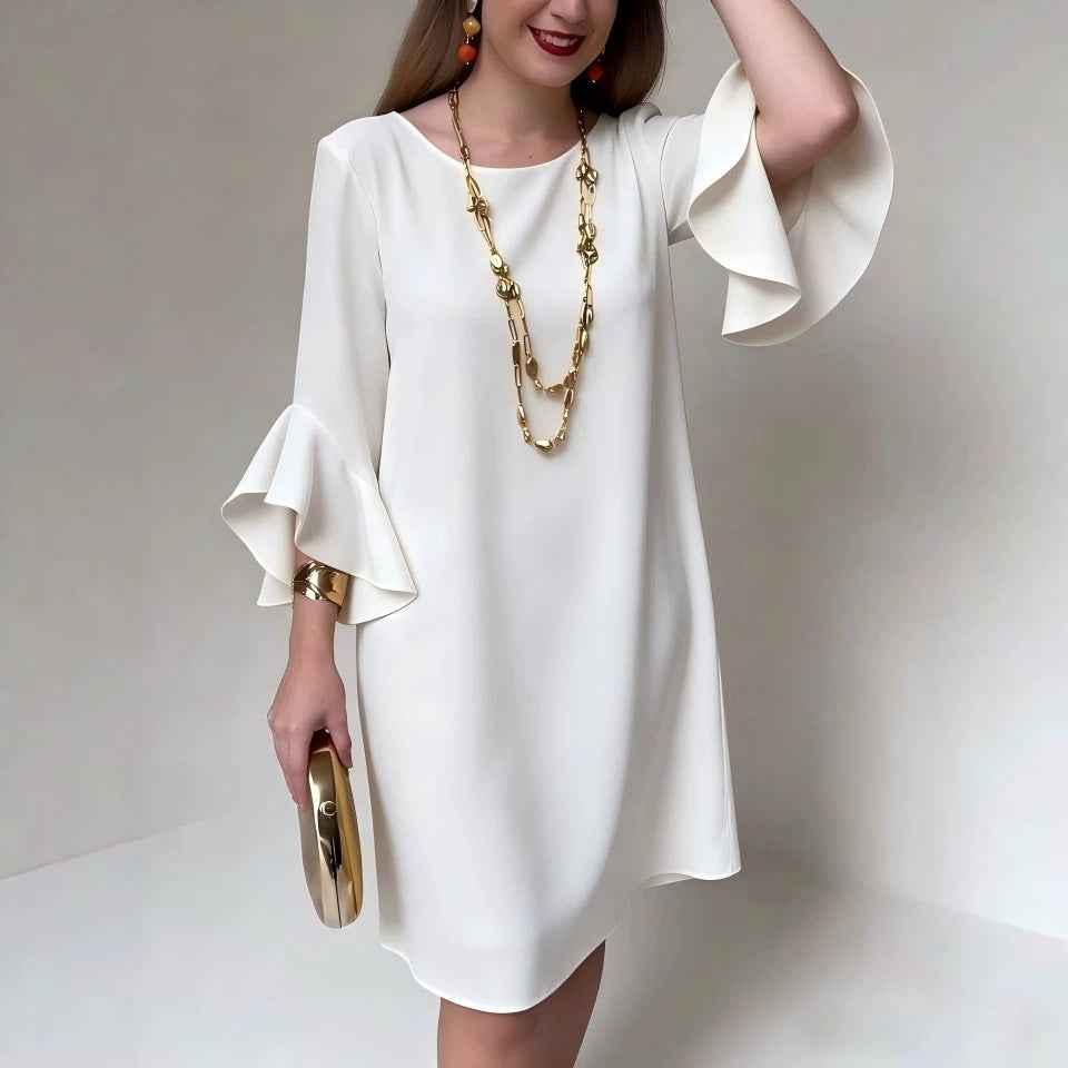 Women's Flared Sleeve A-Line Midi Dress with Ruffled Hem