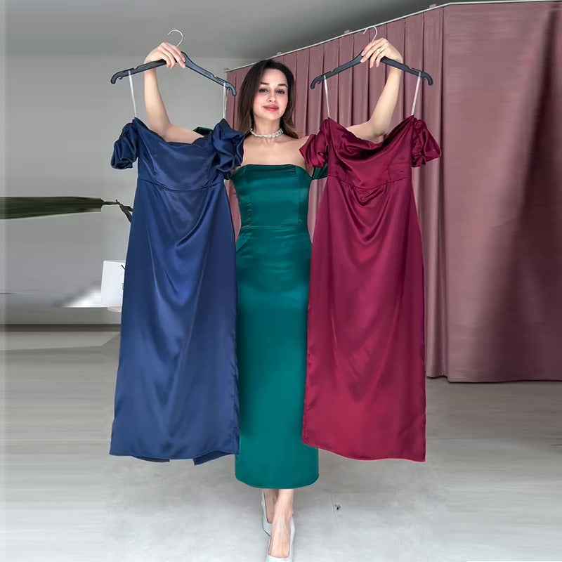 Off-shoulder Set-in Sleeve Pleated Elegant Gown For Sophisticated Ladies
