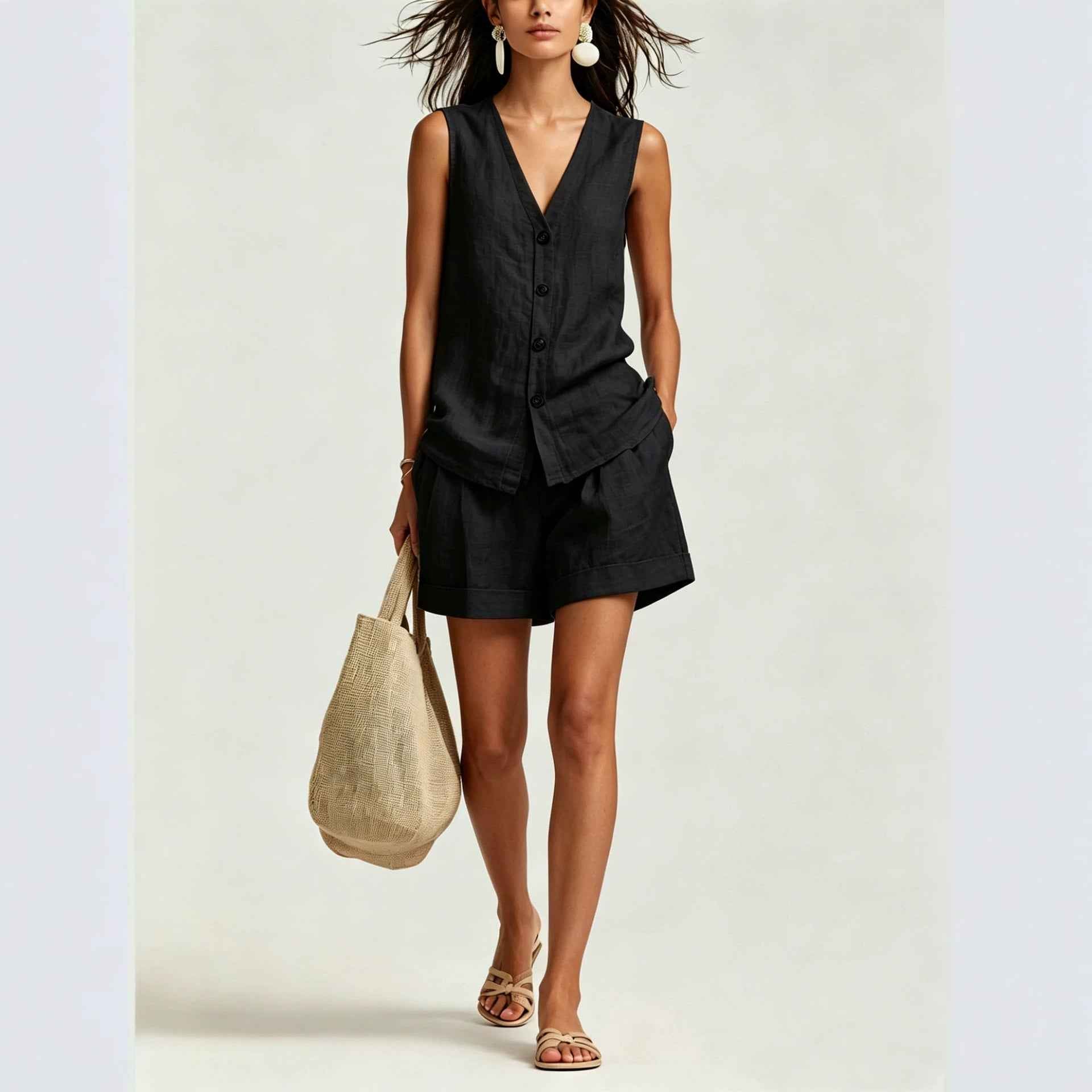 Casual Sleeveless Vest And Shorts Set