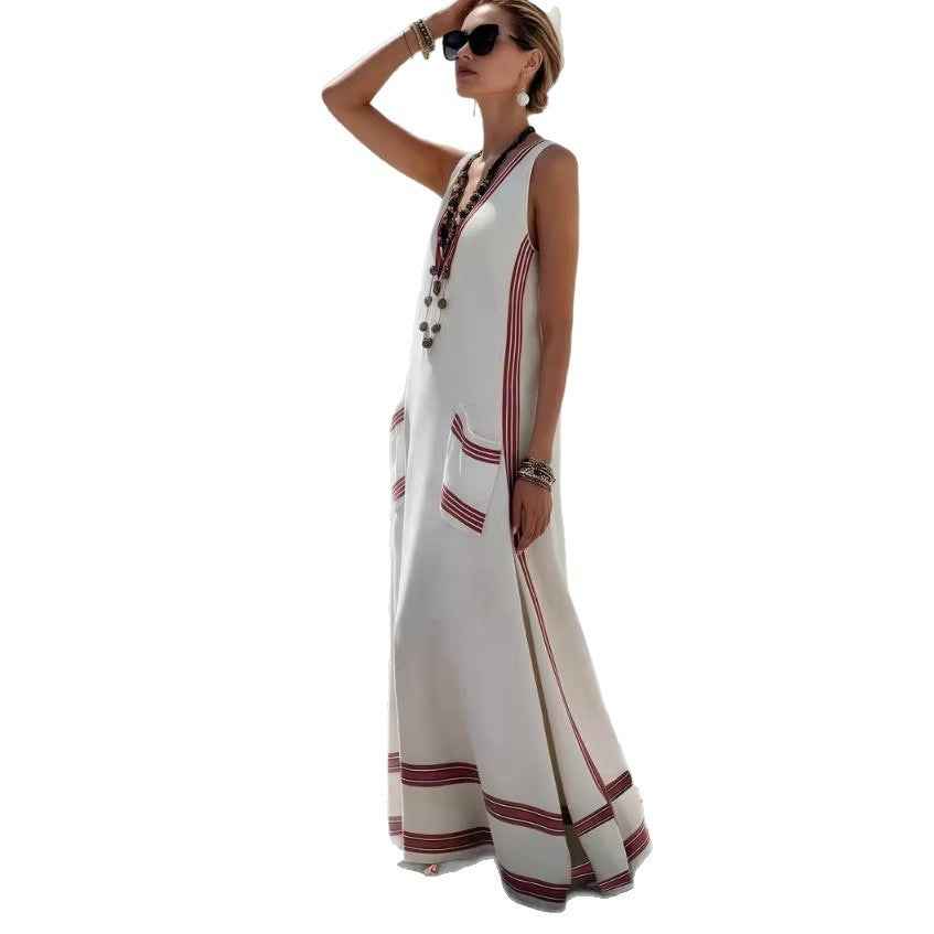 Womens Textured Printed Striped Loose-fit Sleeveless Maxi Dress