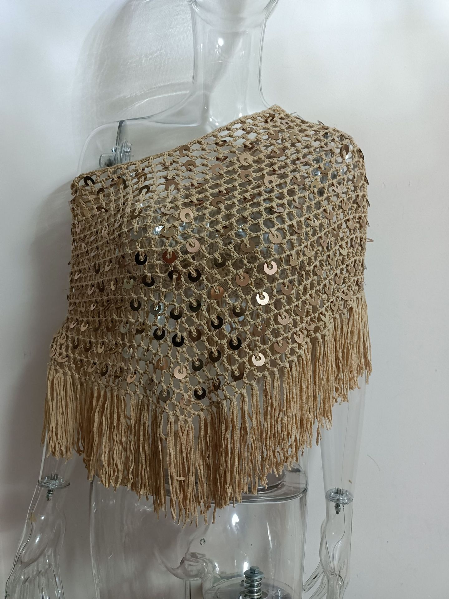 Handmade Sequin-Embroidered Triangle Shawl with Tassels