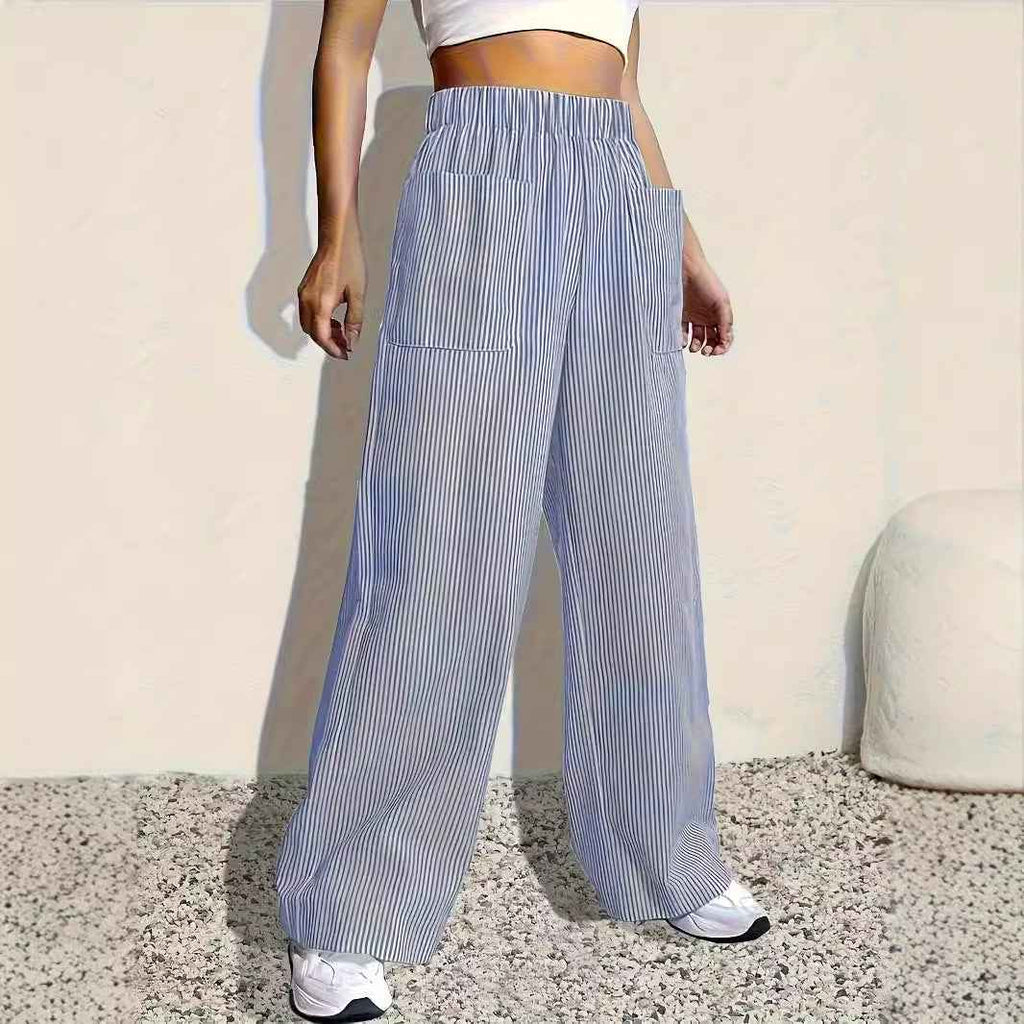Striped Wide-Leg Pants with Elastic Waist & Pockets