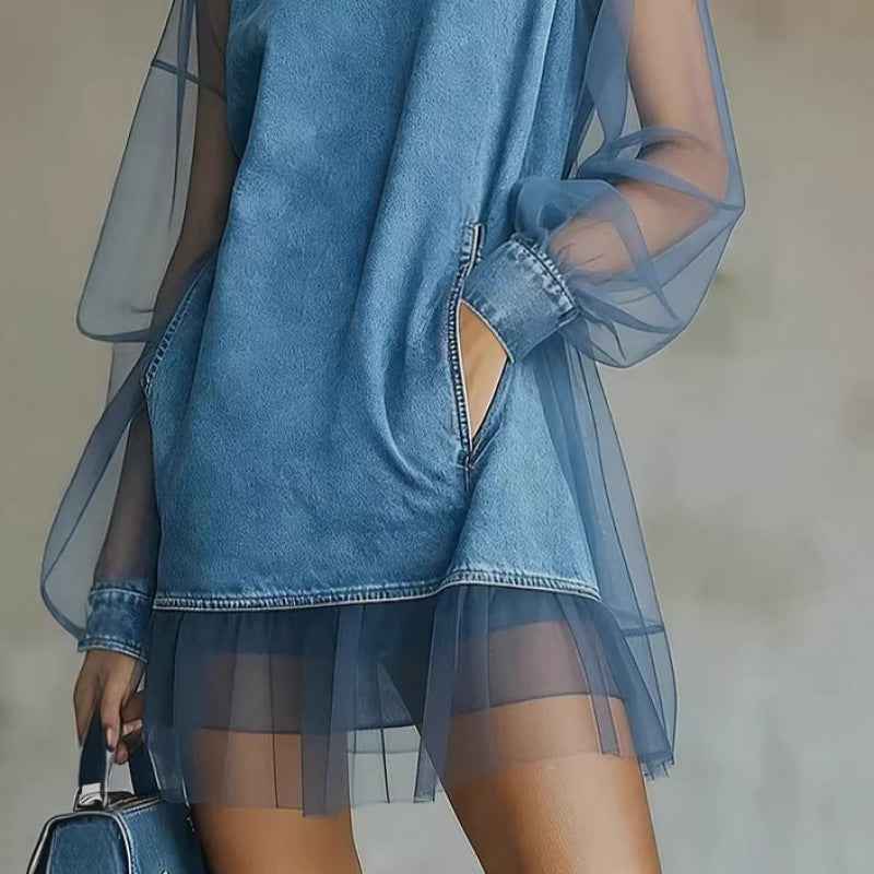 Contrast Panel Mock-Collar Denim Mini Dress
