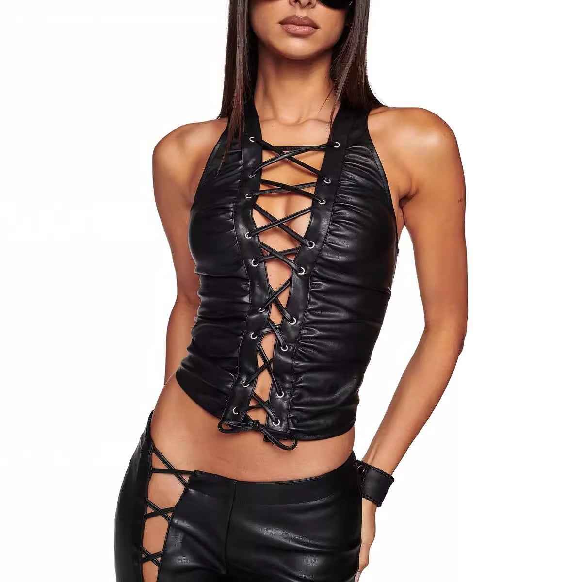 PU Leather Sleeveless Top – Rivet Strap Strapless Vest