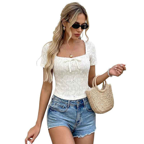 White Square-neck Jacquard Short-sleeve Top With A Bow Perfect For A Relaxed Vacation Look