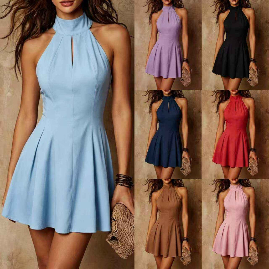 Womens Backless Halter-Neck Lace-Up Slim-Fit Solid-Color Dress