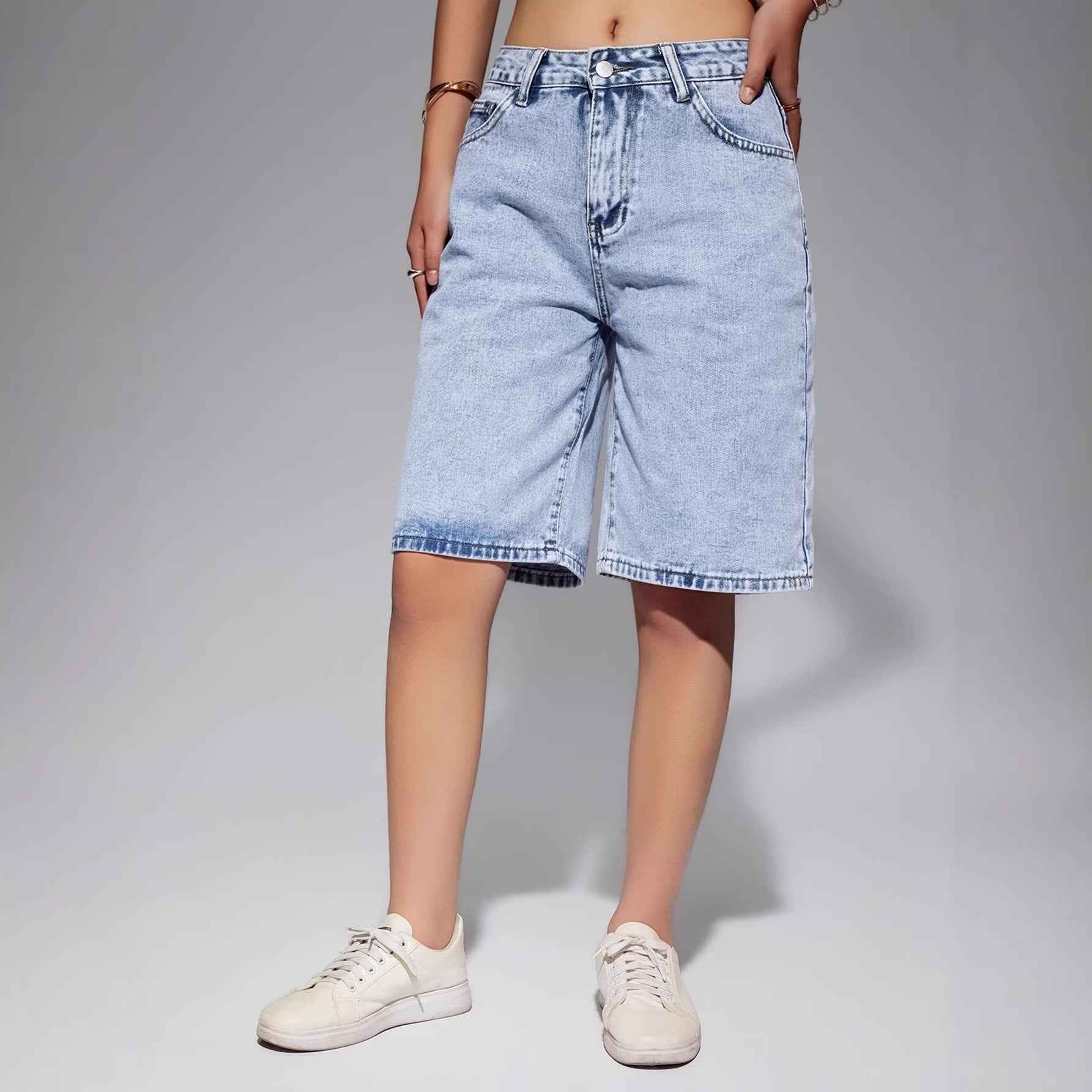 Women's Washed Denim Cropped Shorts – High Waist, Loose Straight Leg