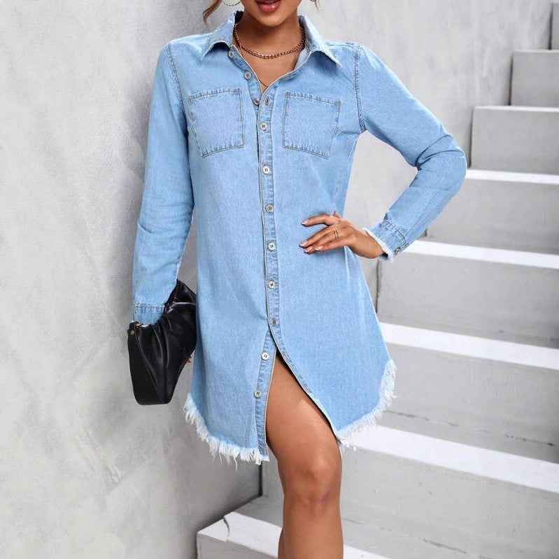 Light Blue Frayed-Edge Denim Jacket – Casual A-Line Style