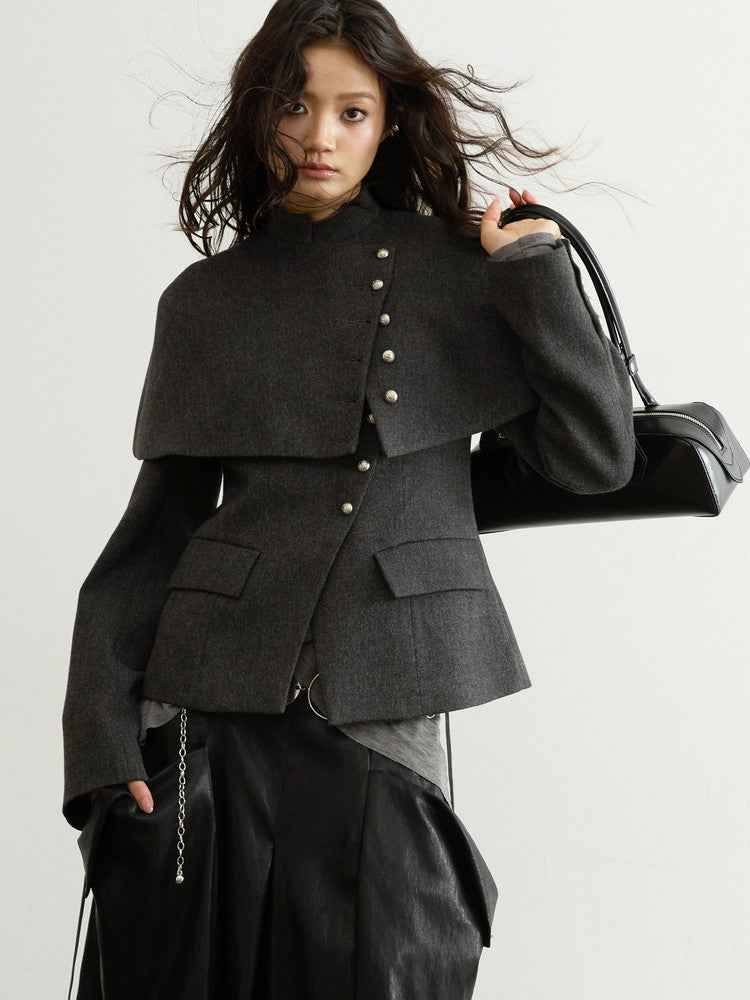 Women's Retro Elegant Long-Sleeve Coat with Detachable Cape — Gray, S–L