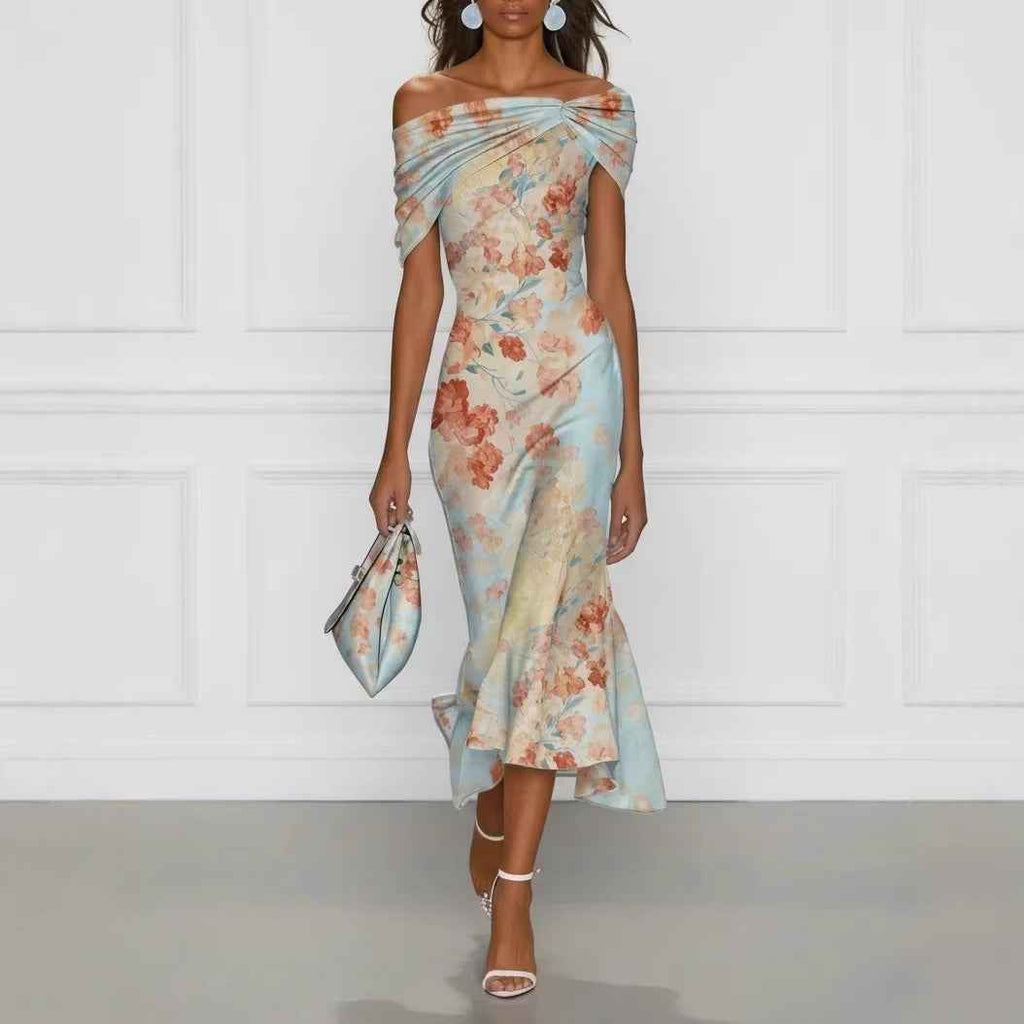 Colour-Block Digital Floral Print Asymmetric Hem High-Waist Floor-Length Dress